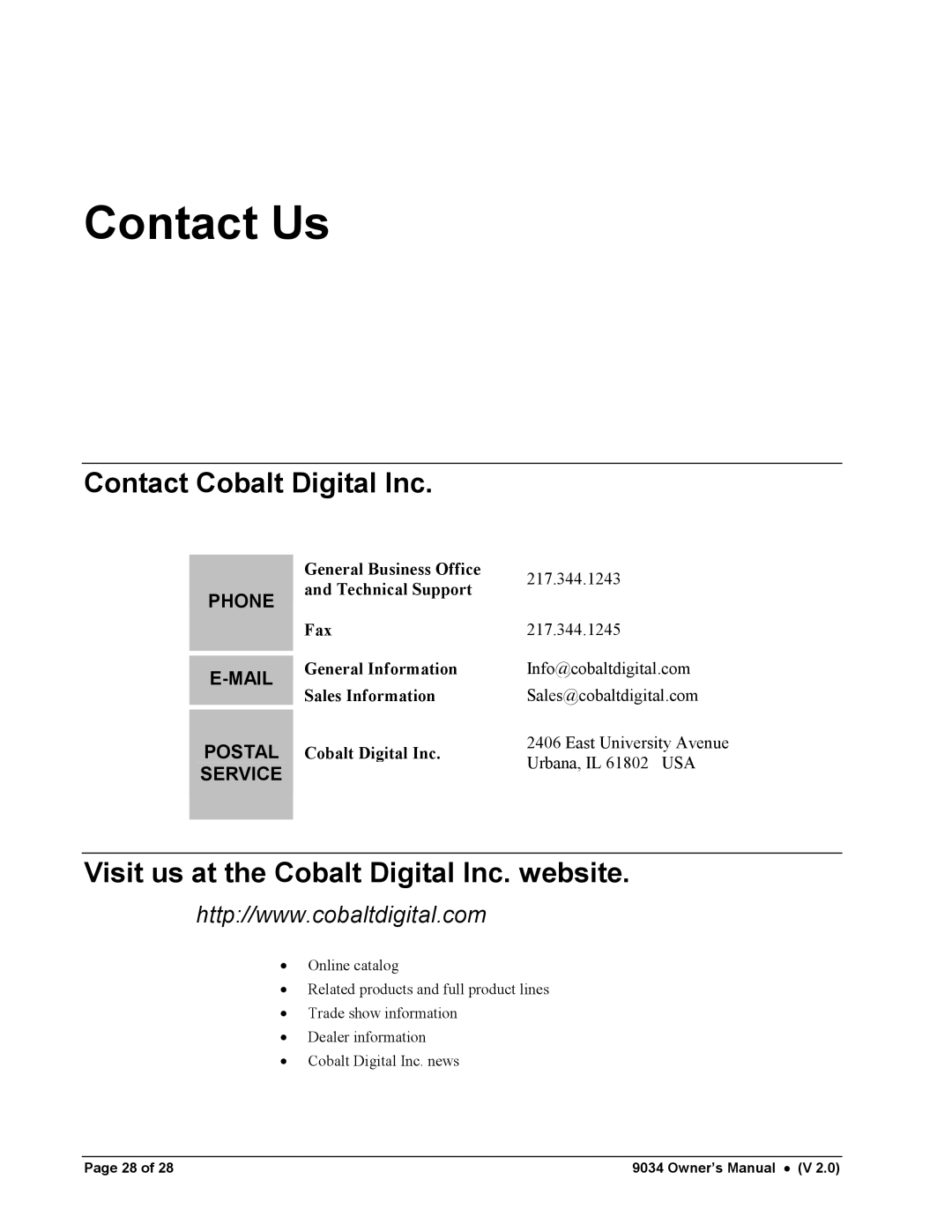 Cobalt Networks 9034 owner manual Contact Us, Contact Cobalt Digital Inc, Visit us at the Cobalt Digital Inc. website 