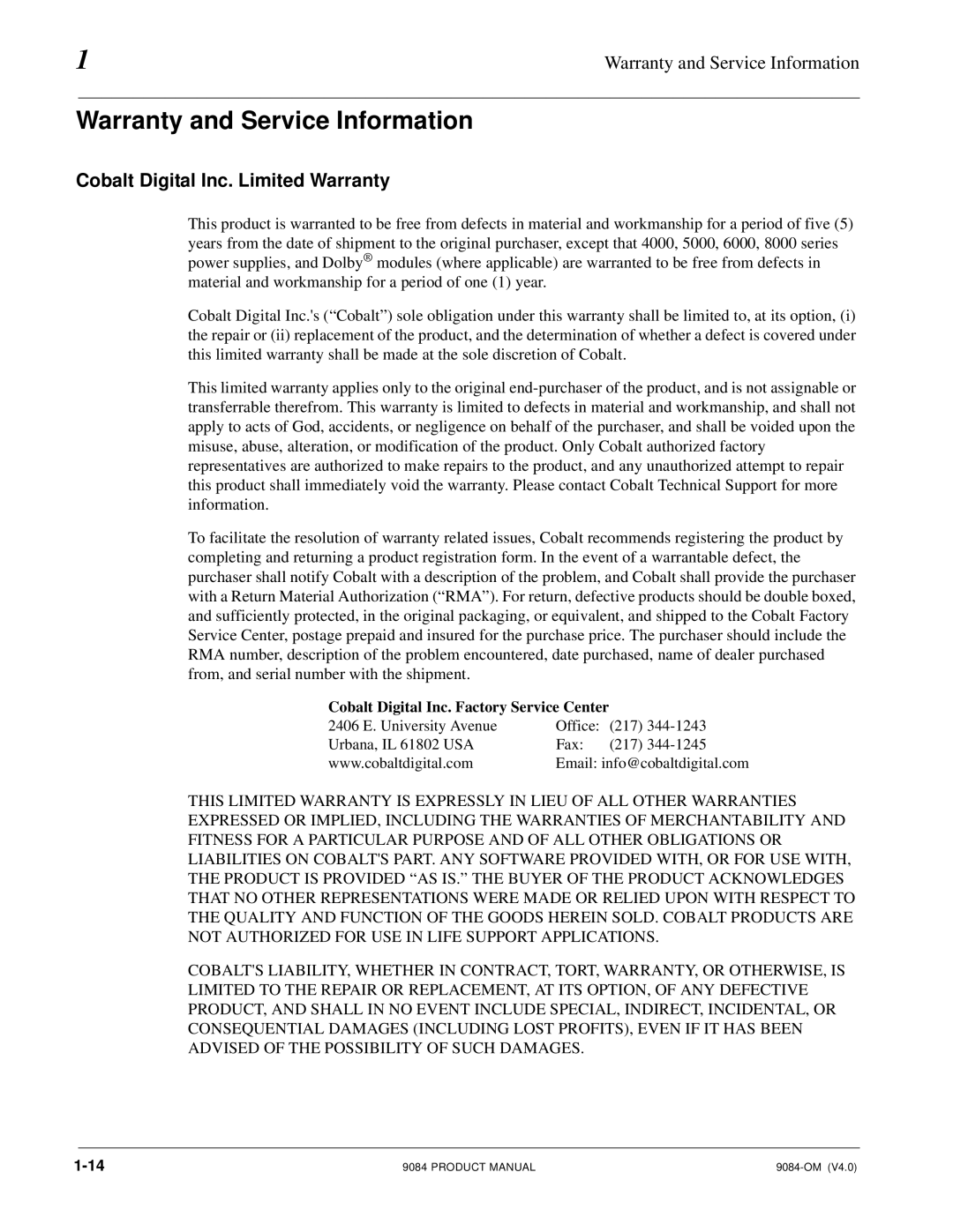 Cobalt Networks 9084 manual Warranty and Service Information, Cobalt Digital Inc. Limited Warranty 