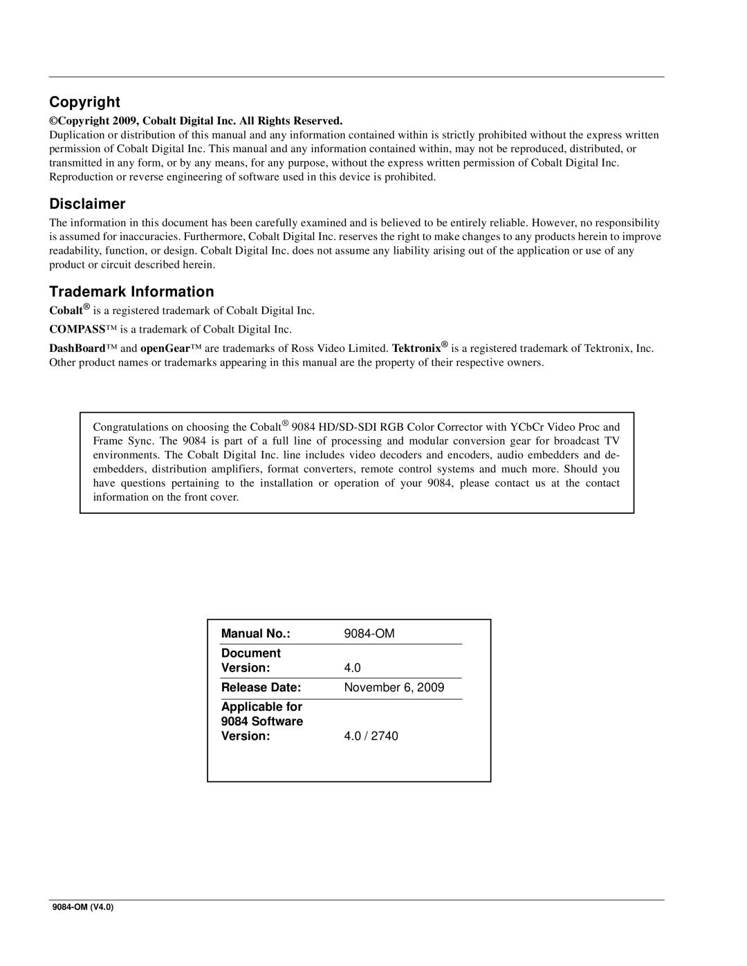 Cobalt Networks 9084 manual Copyright, Disclaimer, Trademark Information 