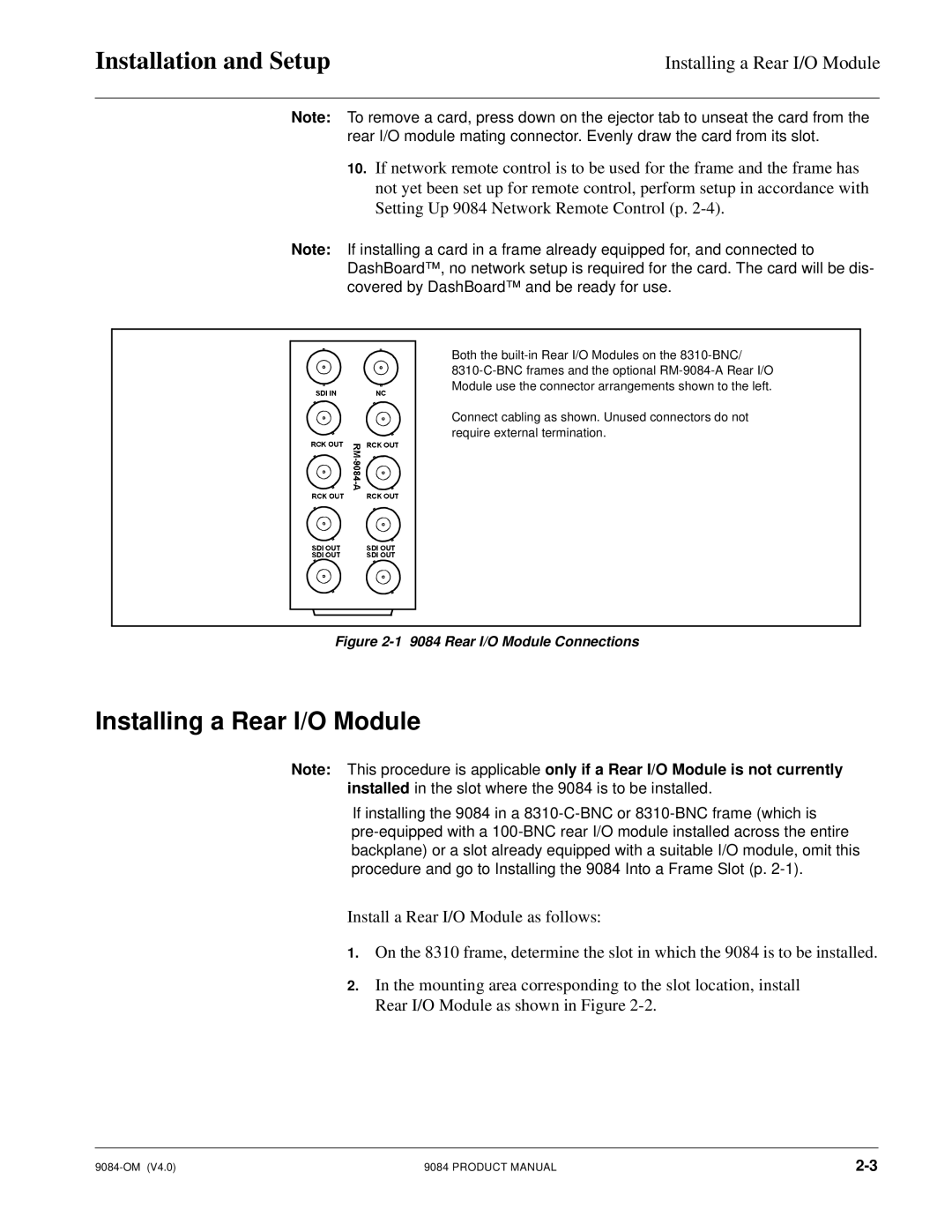 Cobalt Networks 9084 manual Installation and Setup, Installing a Rear I/O Module 