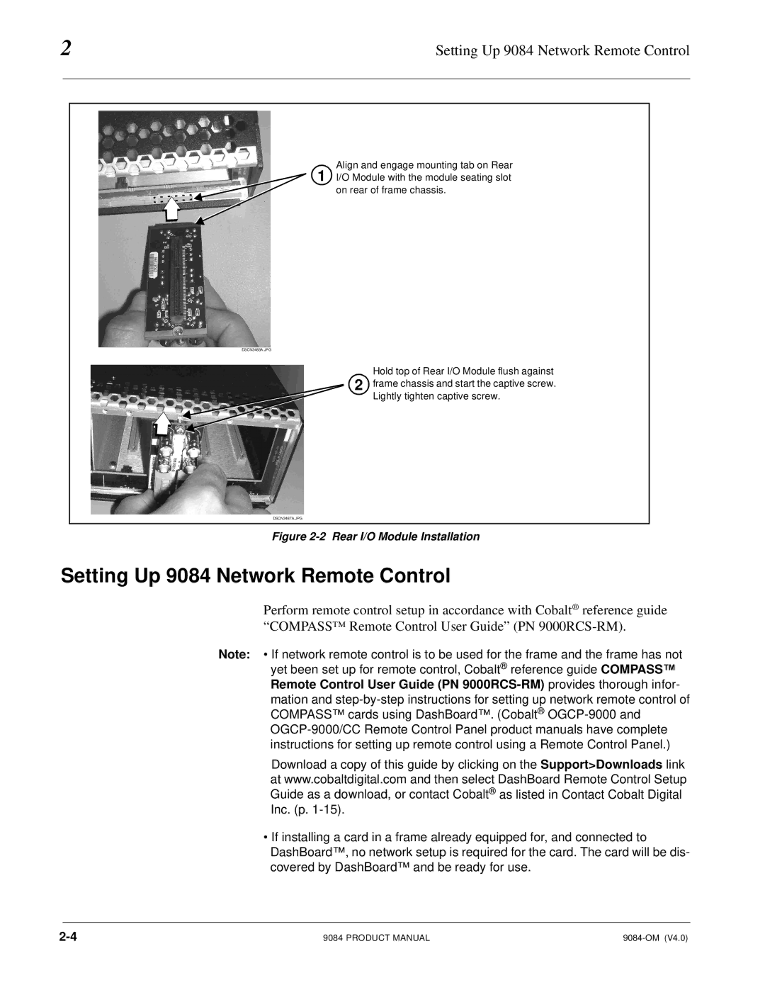 Cobalt Networks manual Setting Up 9084 Network Remote Control, Rear I/O Module Installation 