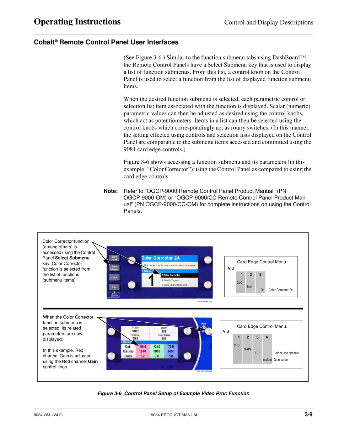 Cobalt Networks 9084 manual Cobalt Remote Control Panel User Interfaces, Control Panel Setup of Example Video Proc Function 