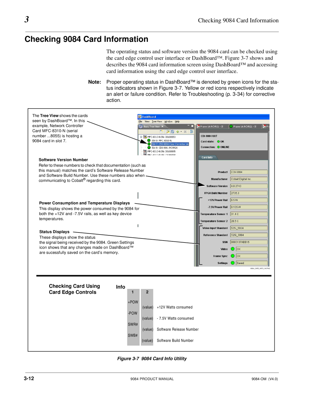 Cobalt Networks Checking 9084 Card Information, Checking Card Using Info Card Edge Controls, Software Version Number 