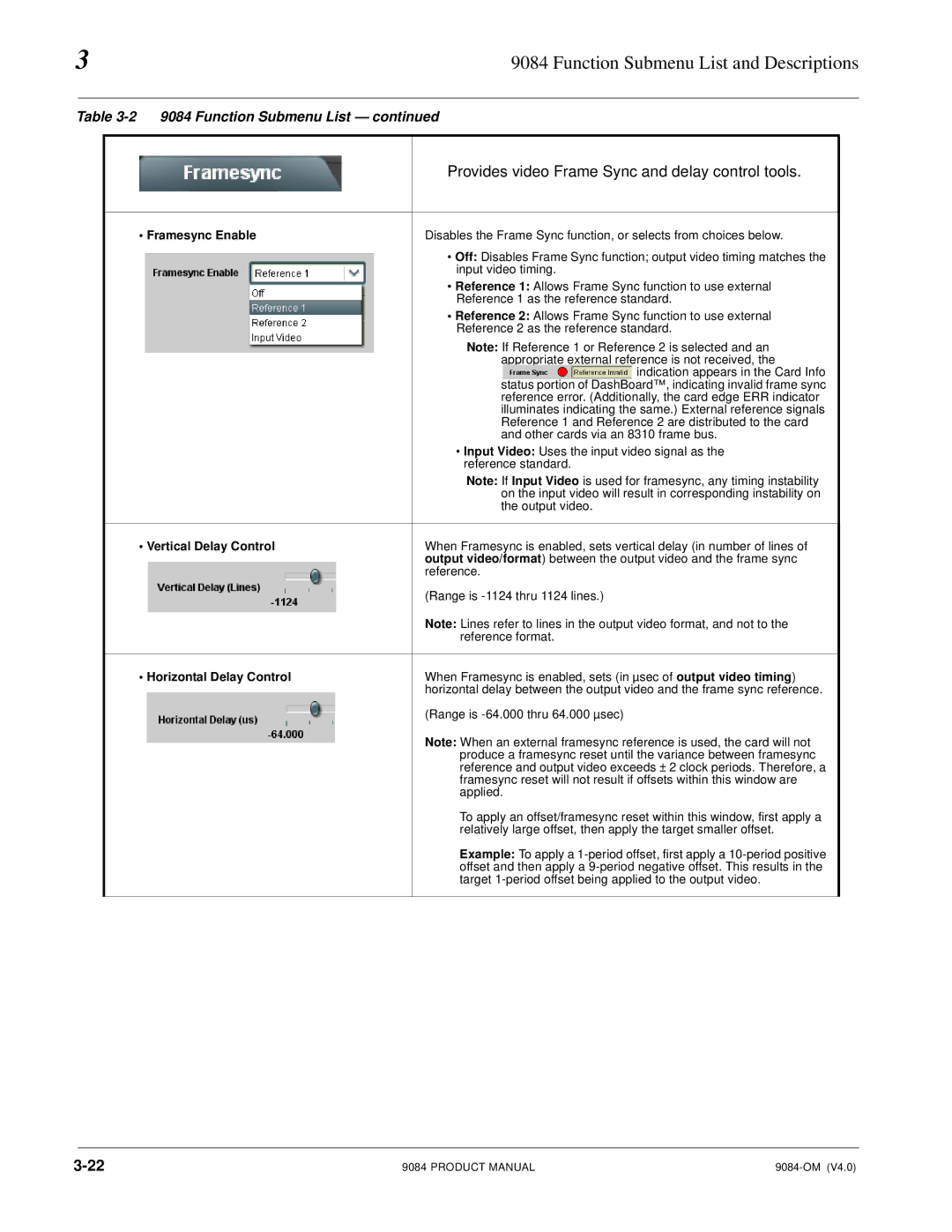 Cobalt Networks 9084 manual Framesync Enable, Vertical Delay Control, Horizontal Delay Control 