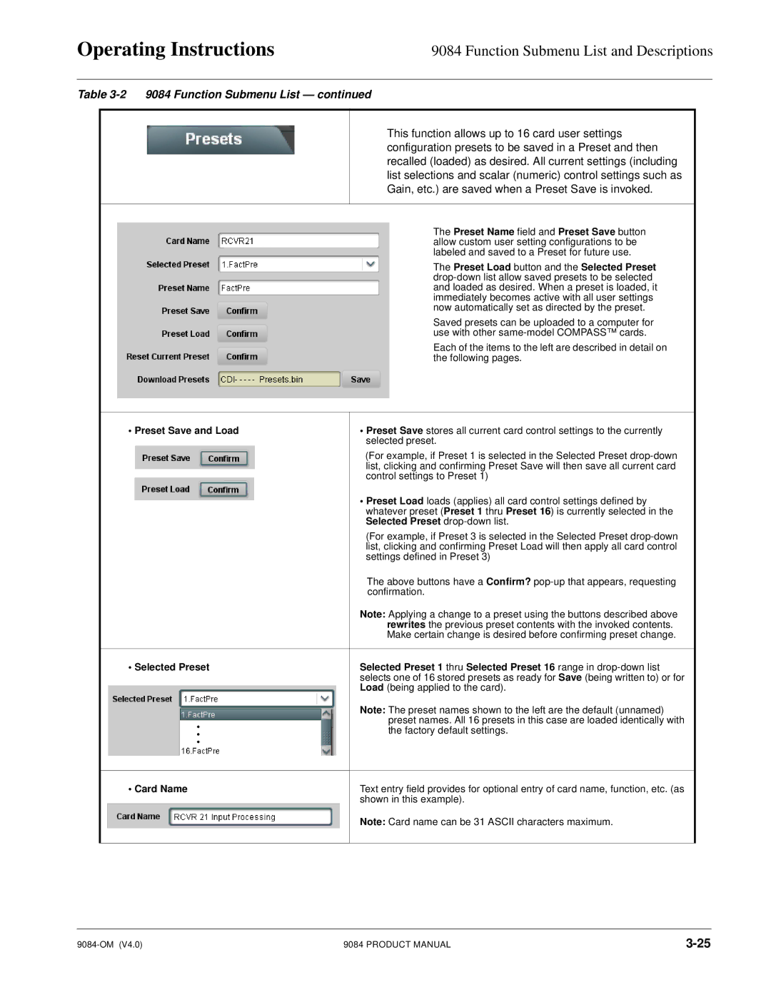 Cobalt Networks 9084 manual Preset Name field and Preset Save button, Preset Load button and the Selected Preset, Card Name 