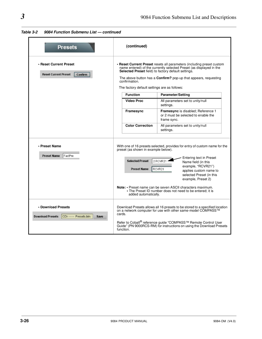 Cobalt Networks 9084 Reset Current Preset, Function Parameter/Setting Video Proc, Framesync, Color Correction, Preset Name 