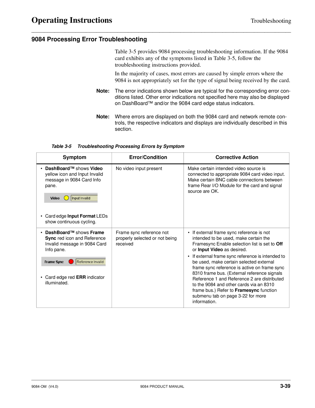 Cobalt Networks 9084 manual Processing Error Troubleshooting, Symptom Error/Condition Corrective Action 