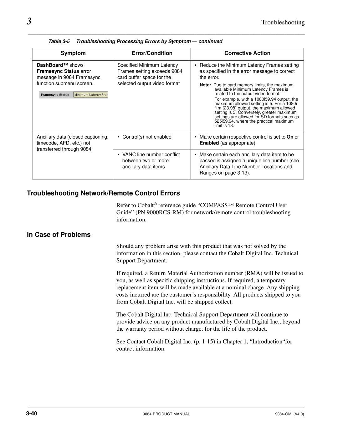 Cobalt Networks 9084 manual Troubleshooting Network/Remote Control Errors, Case of Problems 