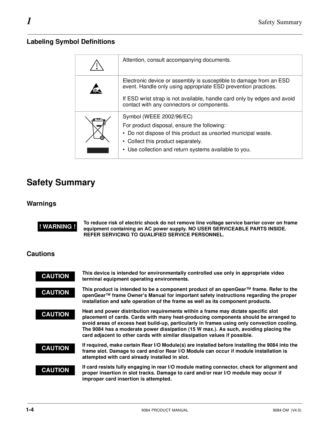 Cobalt Networks 9084 manual Safety Summary, Labeling Symbol Definitions 