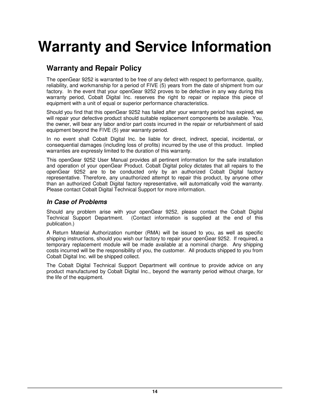 Cobalt Networks 9252 user manual Warranty and Service Information, Warranty and Repair Policy 