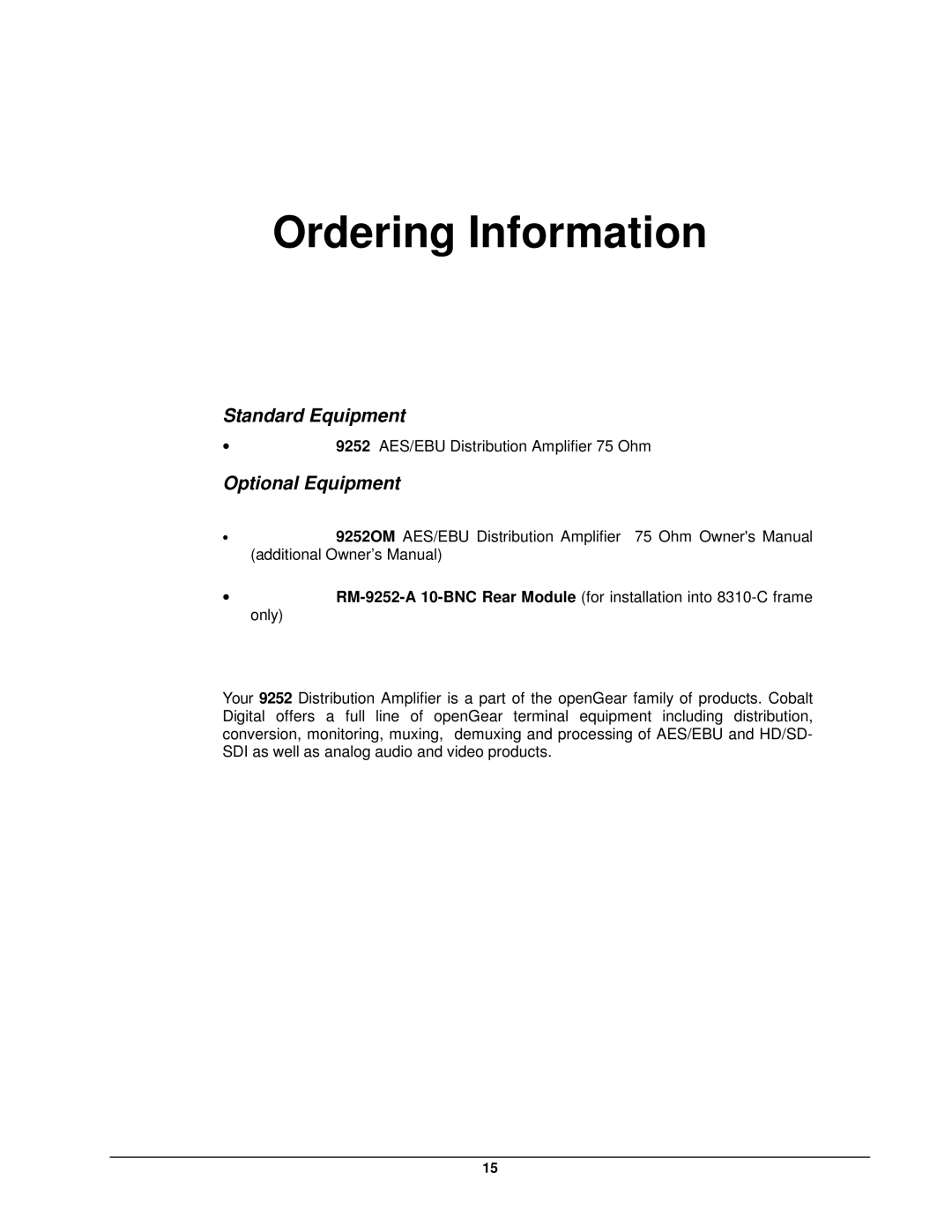 Cobalt Networks 9252 user manual Ordering Information, Optional Equipment 