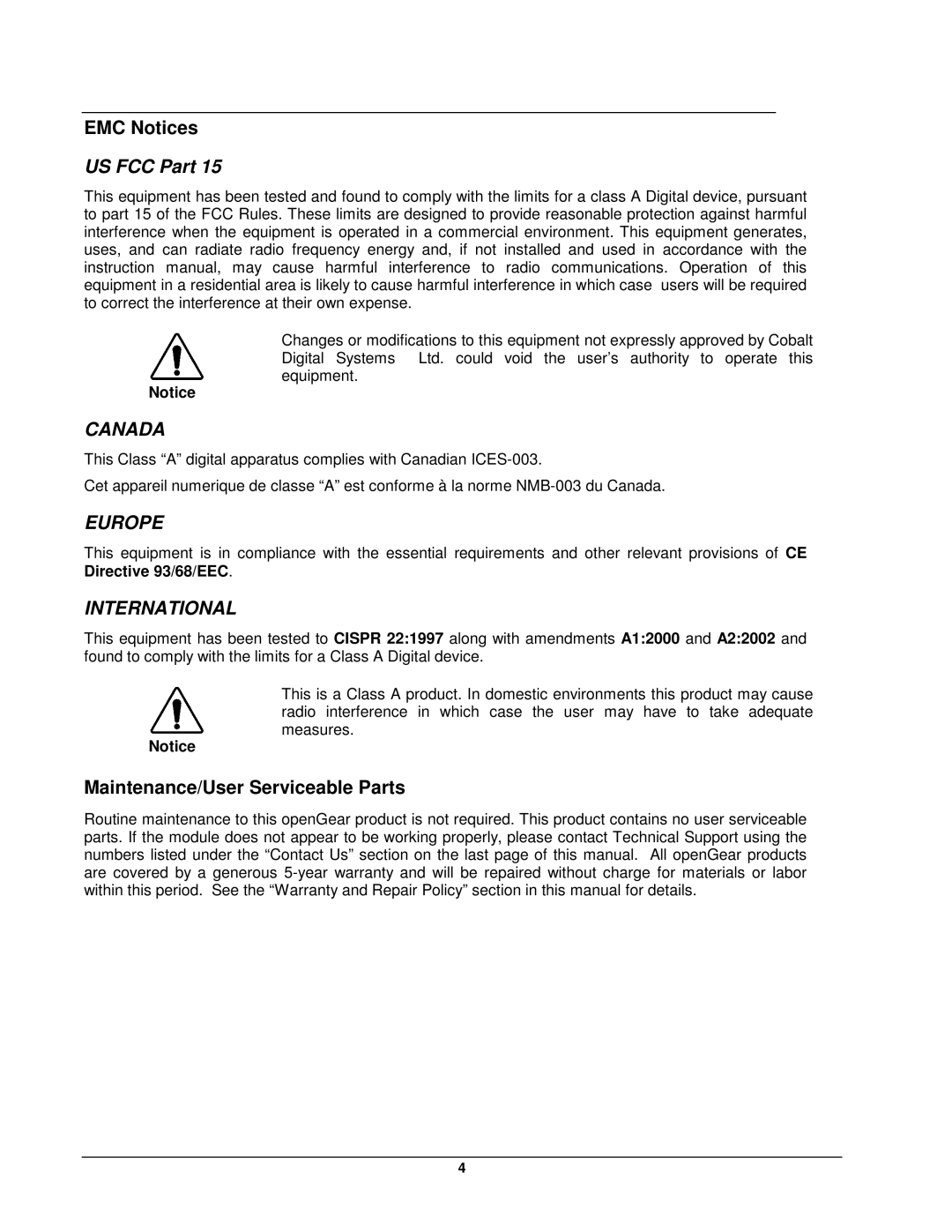 Cobalt Networks 9252 user manual EMC Notices, Maintenance/User Serviceable Parts 