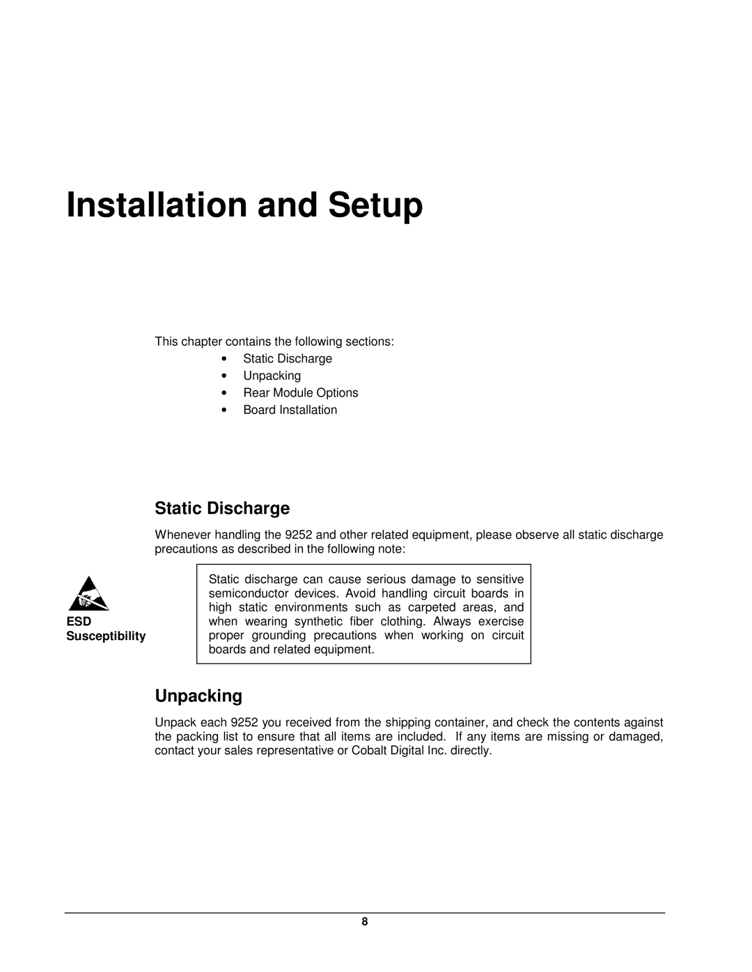 Cobalt Networks 9252 user manual Installation and Setup, Static Discharge, Unpacking 