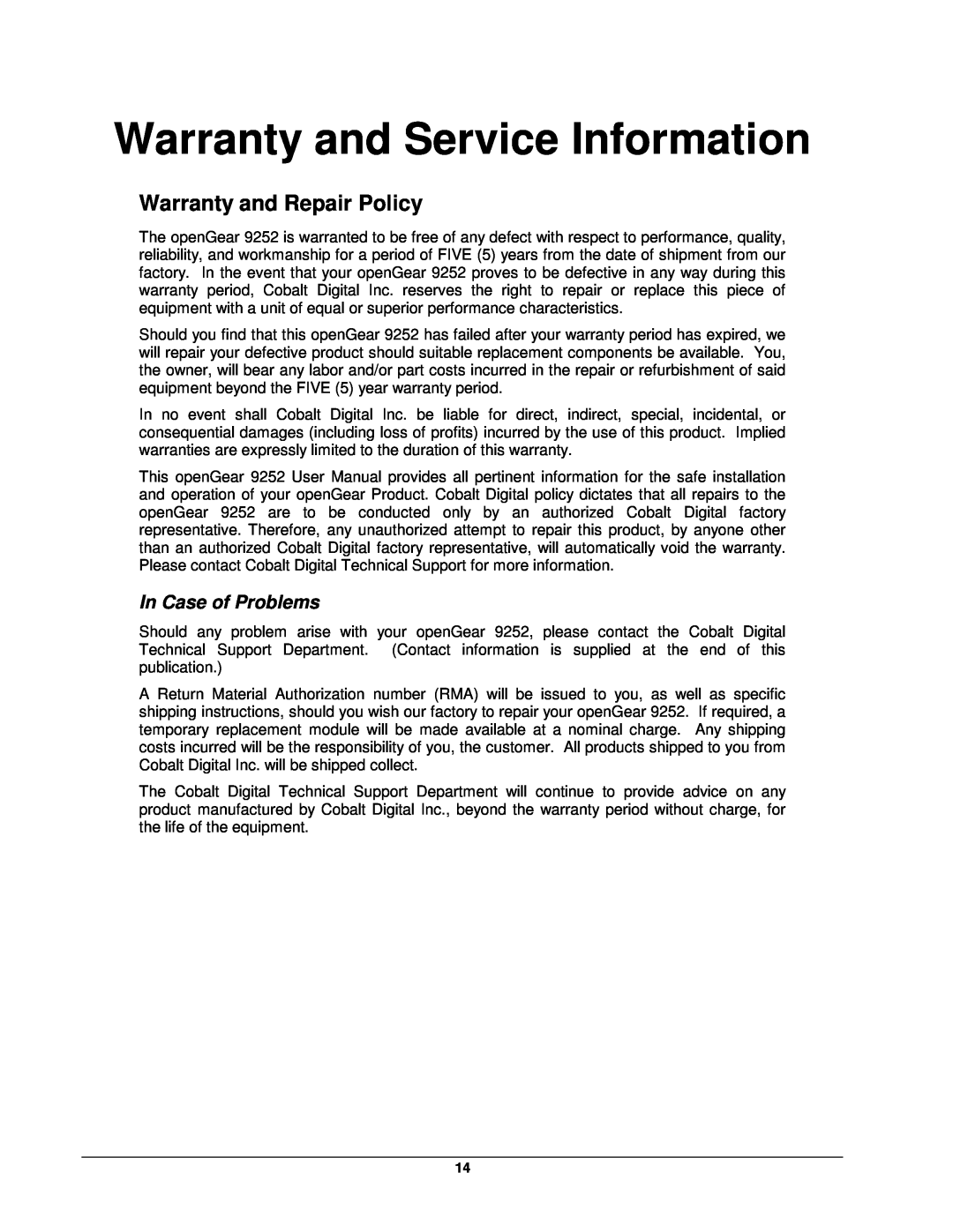 Cobalt Networks 9252 user manual Warranty and Service Information, Warranty and Repair Policy, In Case of Problems 