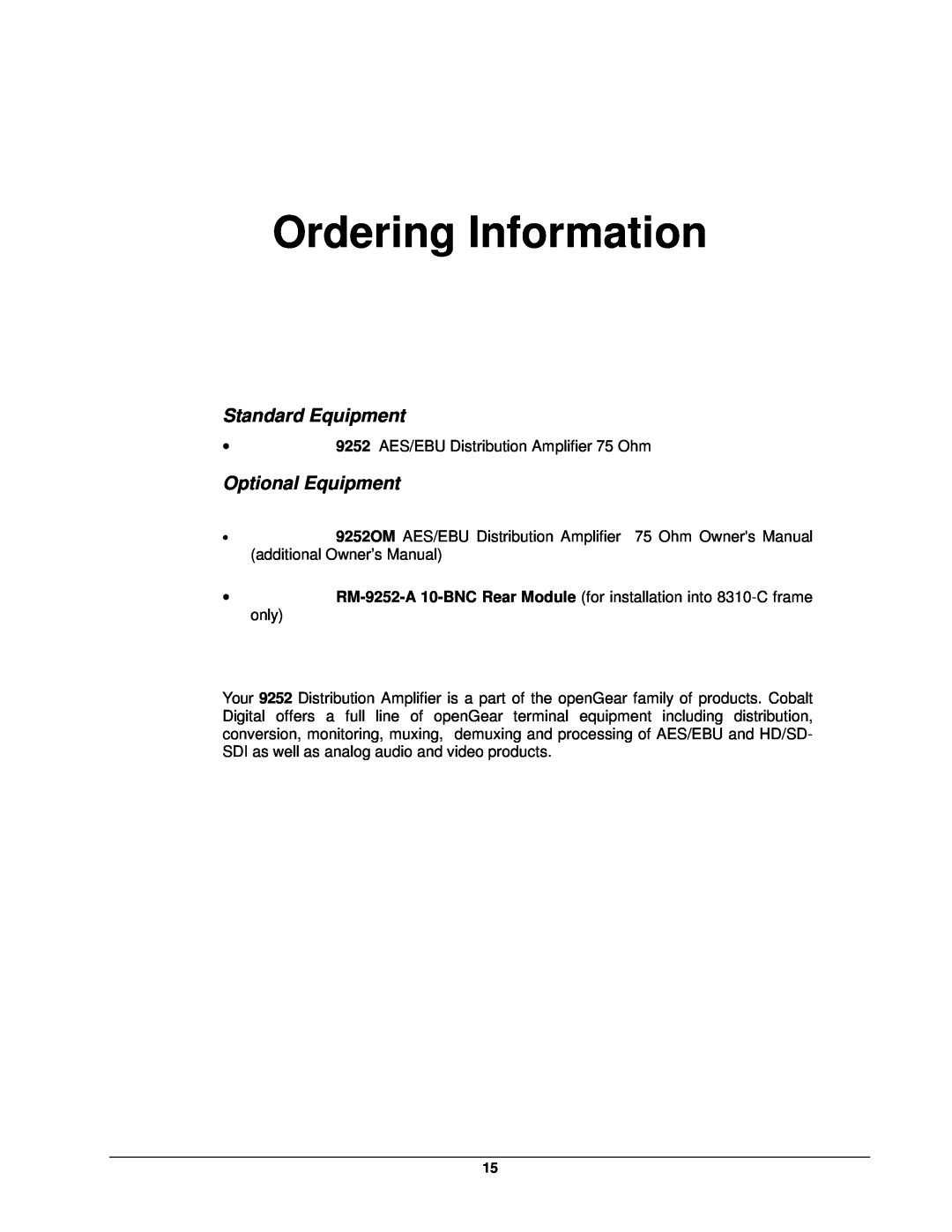 Cobalt Networks 9252 user manual Ordering Information, Standard Equipment, Optional Equipment 