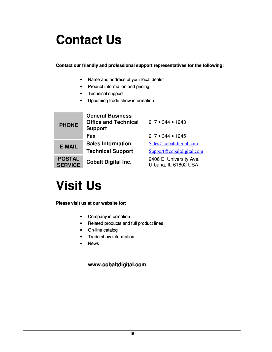 Cobalt Networks 9252 user manual Contact Us, Visit Us 