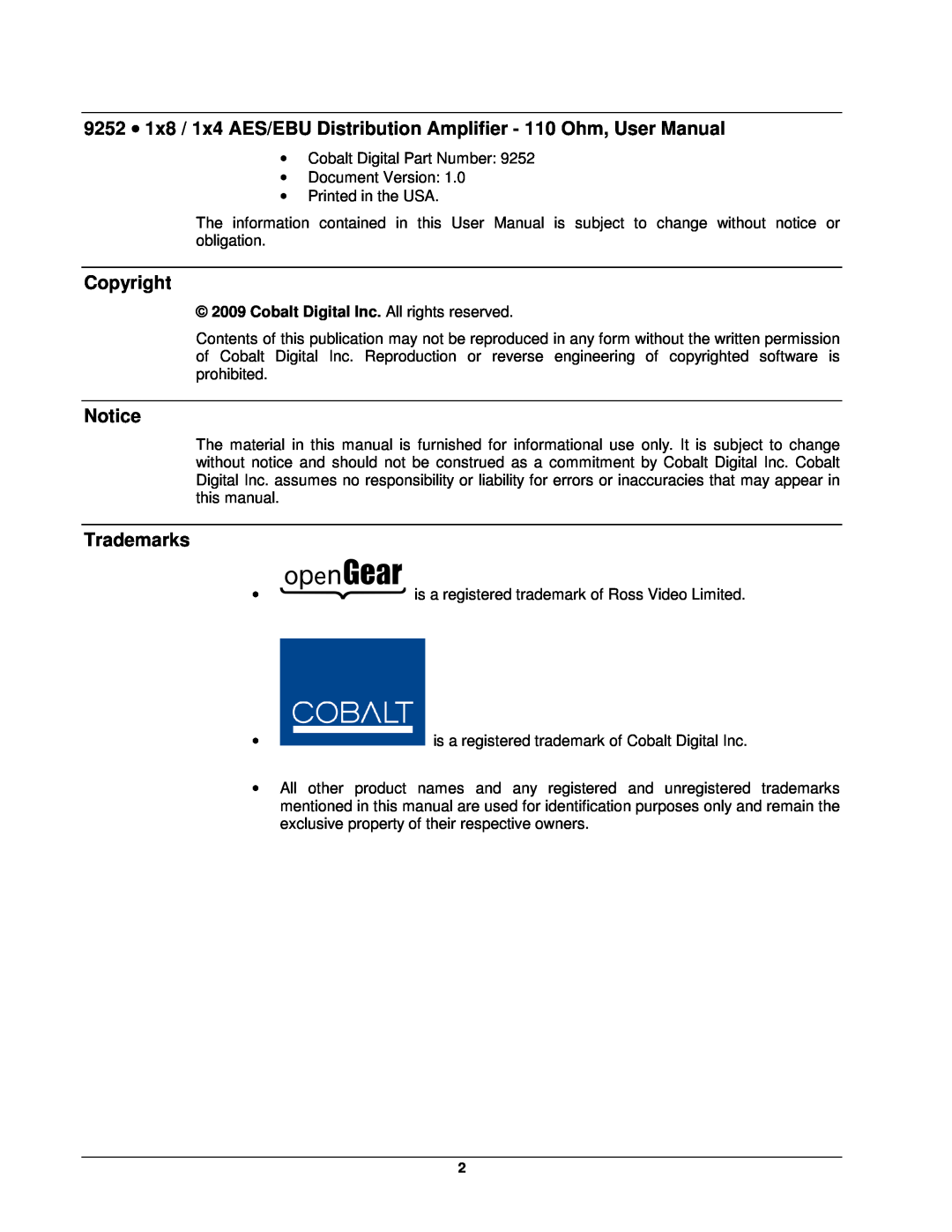 Cobalt Networks 9252 user manual Copyright, Trademarks, Cobalt Digital Inc. All rights reserved 