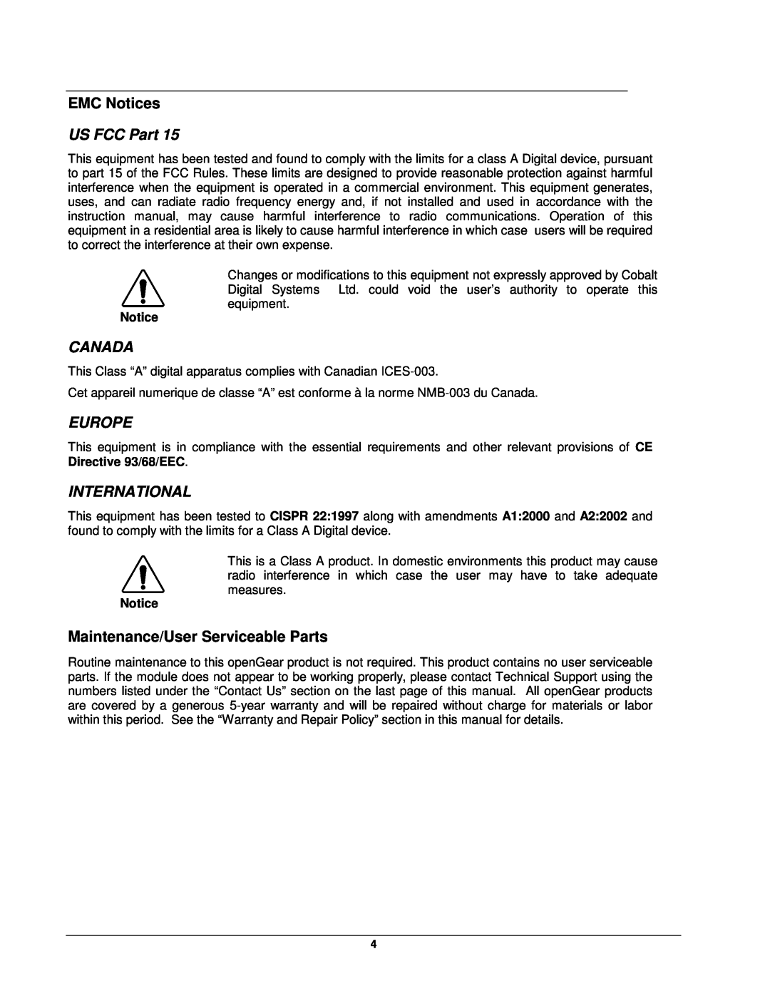 Cobalt Networks 9252 user manual US FCC Part, Canada, Europe, International, Directive 93/68/EEC 