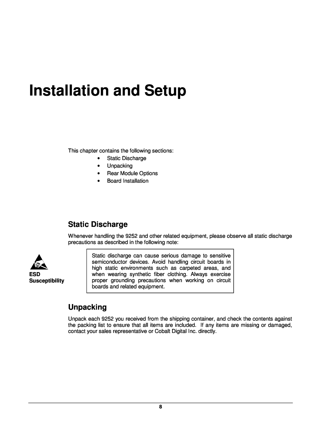 Cobalt Networks 9252 user manual Installation and Setup, Static Discharge, Unpacking, ESD Susceptibility 