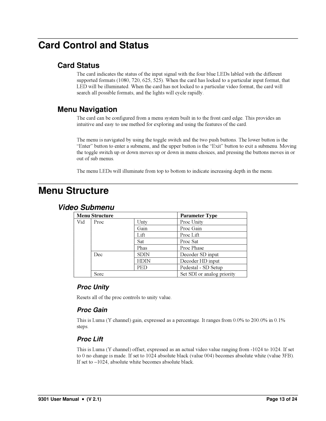 Cobalt Networks 9301 owner manual Card Control and Status, Menu Structure, Proc Unity, Proc Gain, Proc Lift 