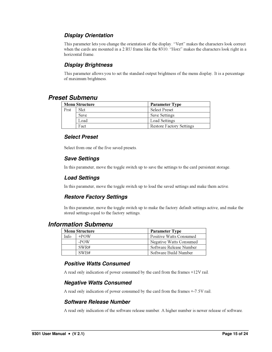 Cobalt Networks 9301 owner manual Display Orientation, Display Brightness, Select Preset, Save Settings, Load Settings 