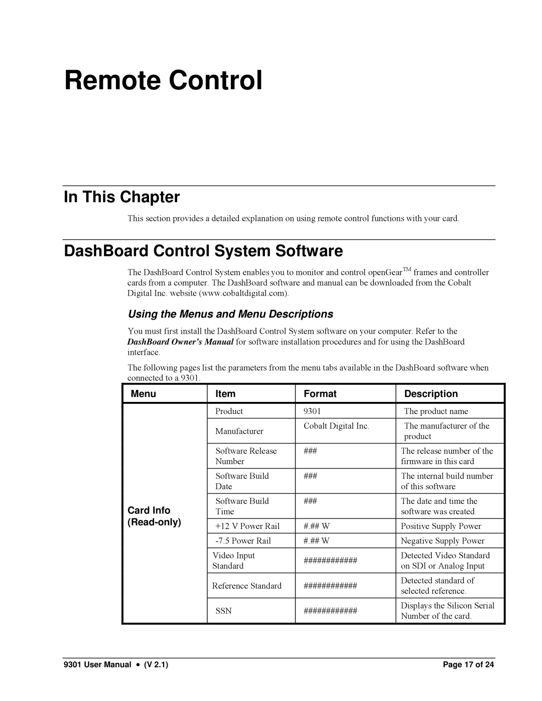 Cobalt Networks 9301 owner manual Remote Control, DashBoard Control System Software, Using the Menus and Menu Descriptions 