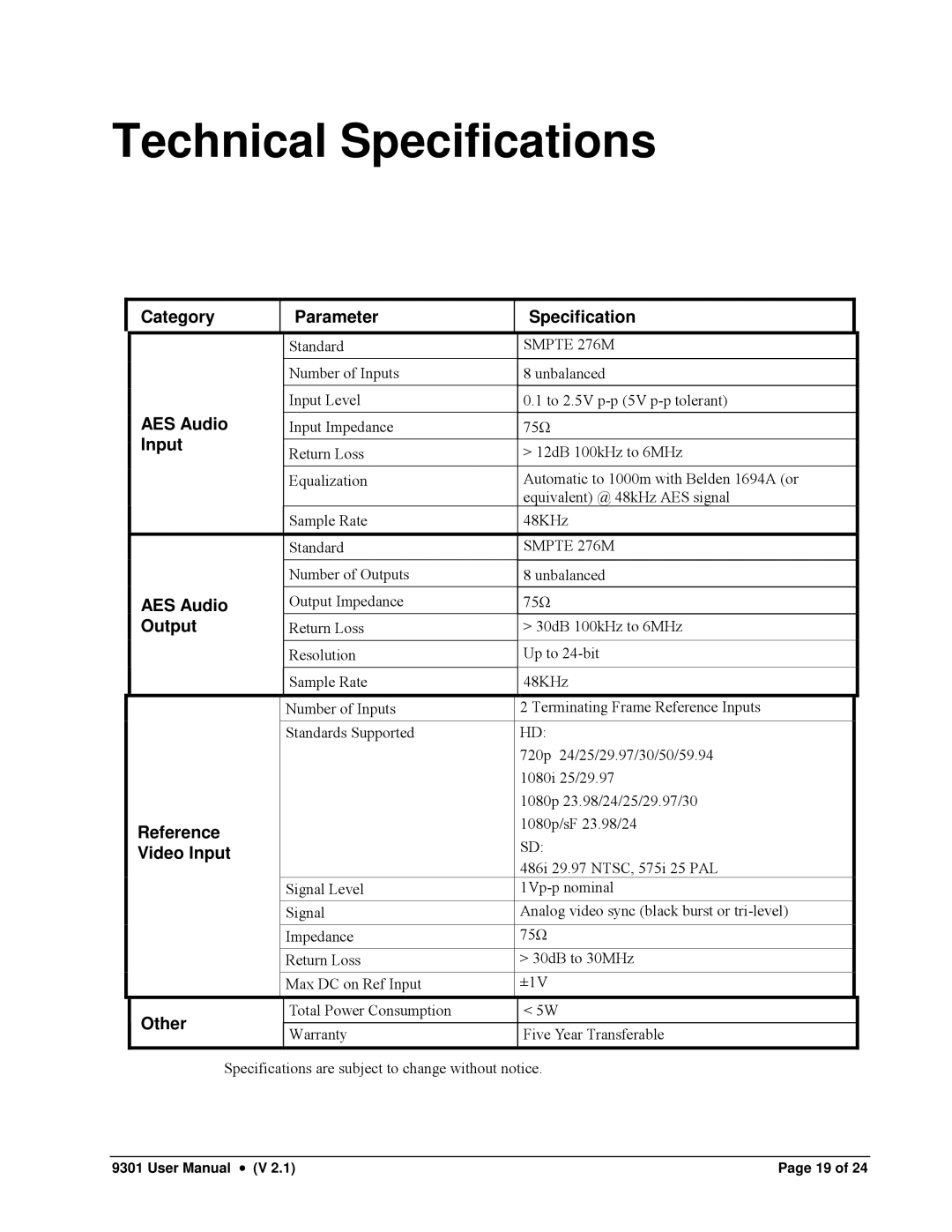 Cobalt Networks 9301 owner manual Technical Specifications, Input 