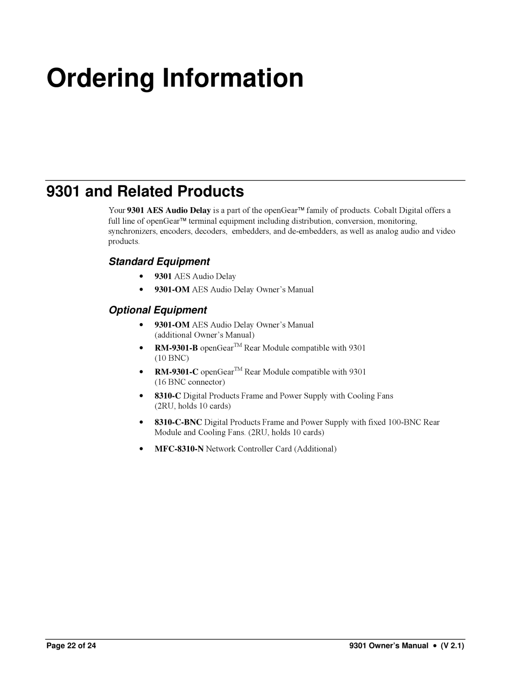 Cobalt Networks 9301 owner manual Ordering Information, Related Products, Standard Equipment, Optional Equipment 