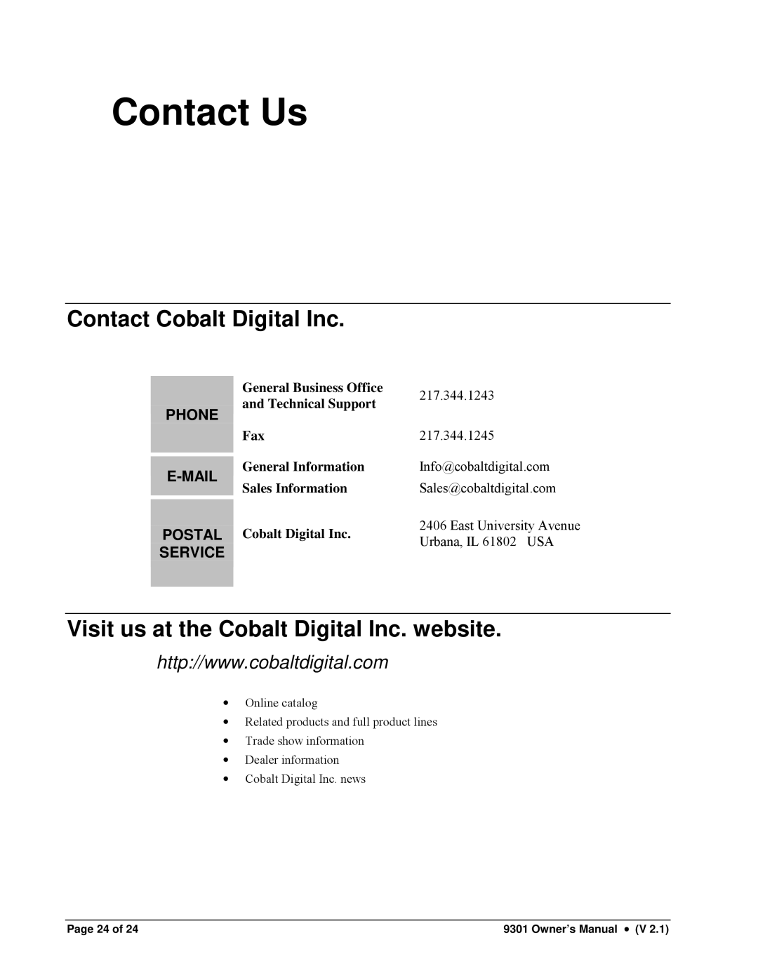 Cobalt Networks 9301 owner manual Contact Us, Contact Cobalt Digital Inc, Visit us at the Cobalt Digital Inc. website 