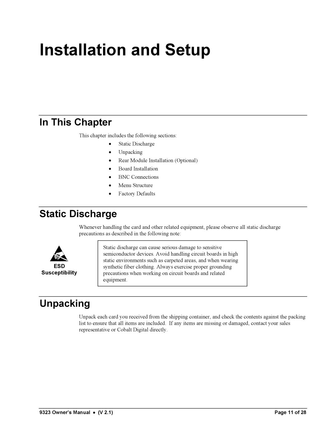 Cobalt Networks 9323 owner manual Installation and Setup, Static Discharge, Unpacking 