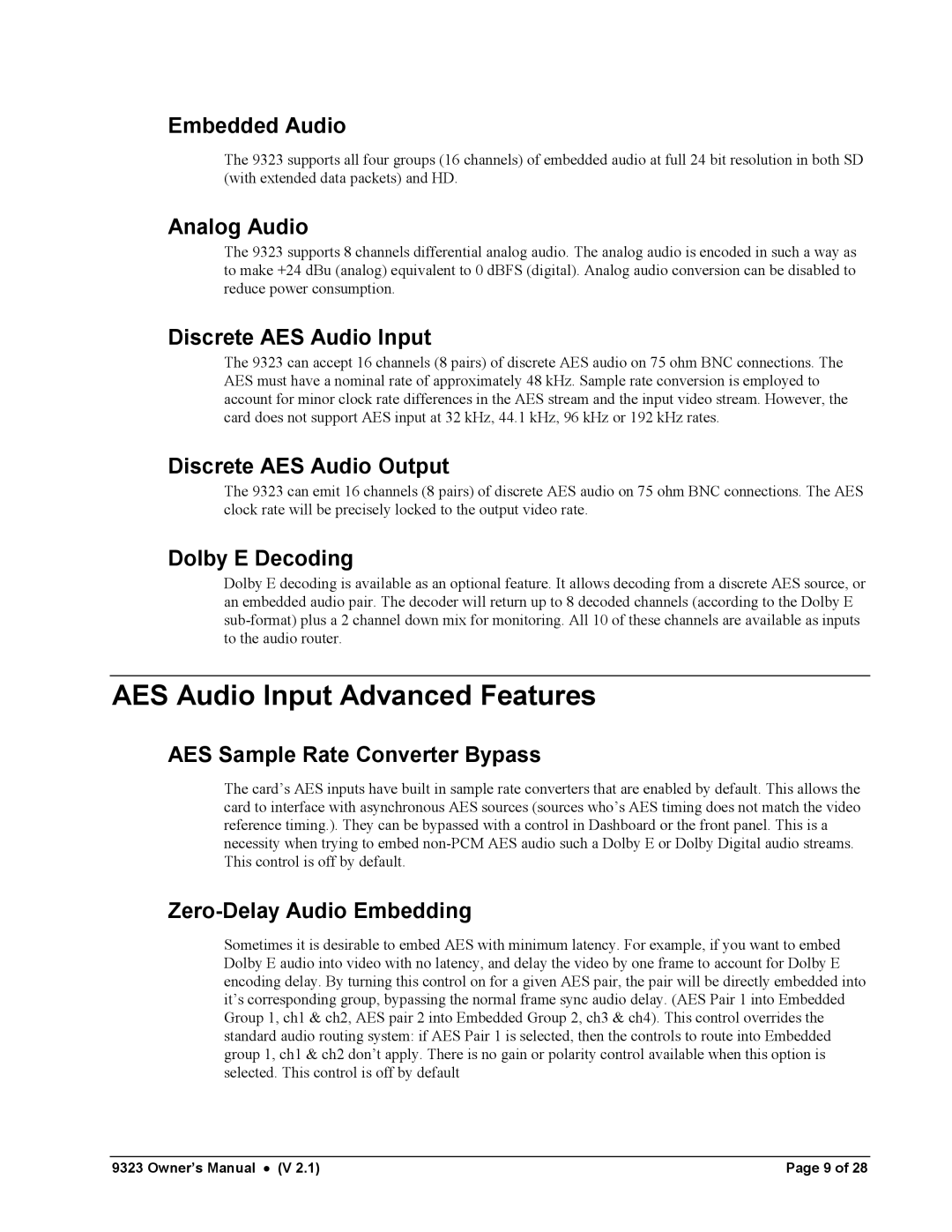 Cobalt Networks 9323 owner manual AES Audio Input Advanced Features 