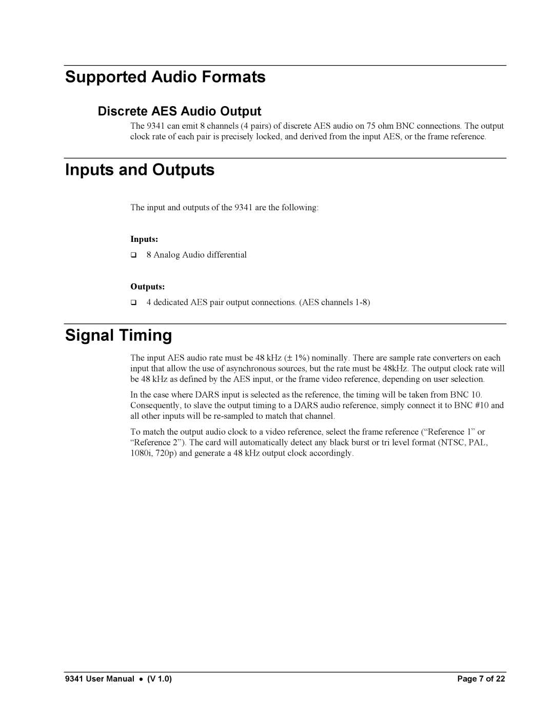 Cobalt Networks 9341 manual Supported Audio Formats, Inputs and Outputs, Signal Timing 