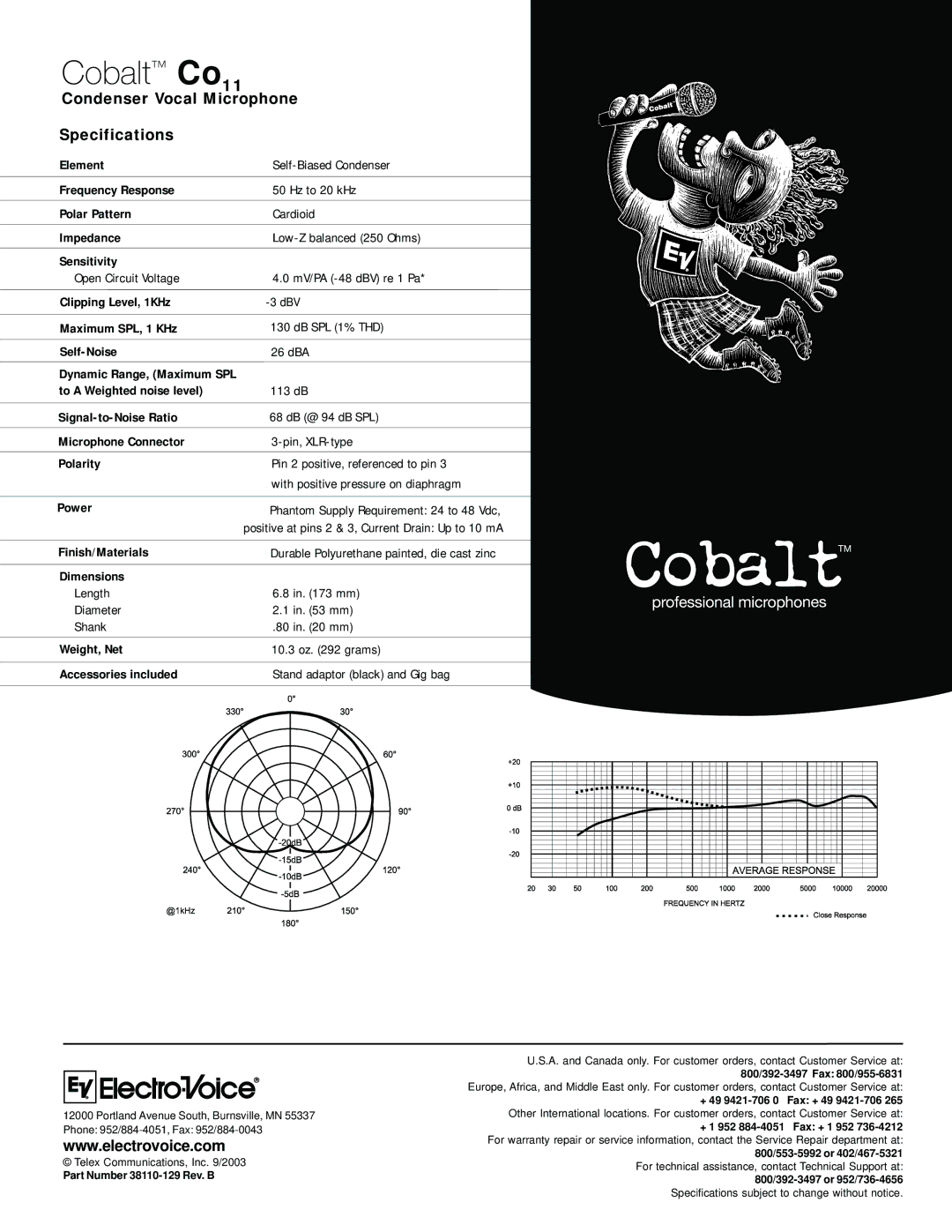 Cobalt Networks Co11 manual Condenser Vocal Microphone Specifications 