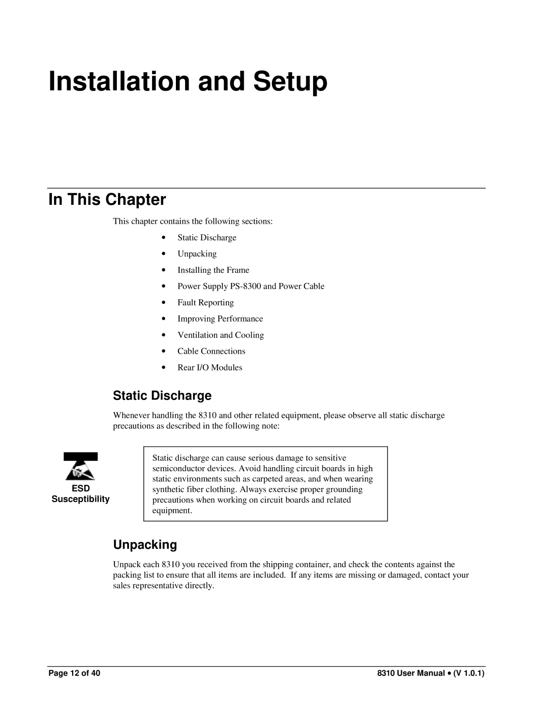 Cobalt Networks PS-8300 user manual Installation and Setup, Static Discharge, Unpacking 