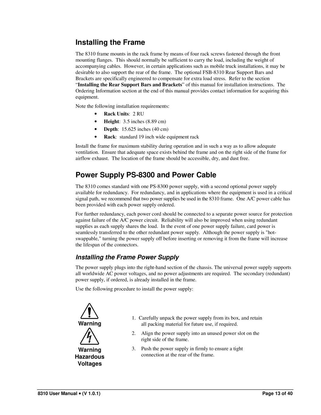 Cobalt Networks Power Supply PS-8300 and Power Cable, Installing the Frame Power Supply, Hazardous Voltages 