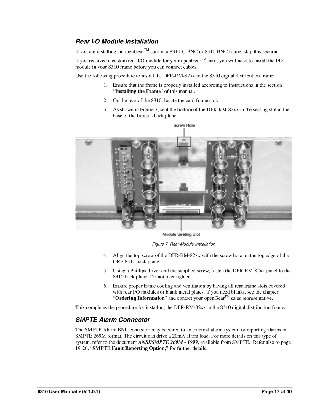 Cobalt Networks PS-8300 user manual Rear I/O Module Installation, Smpte Alarm Connector 