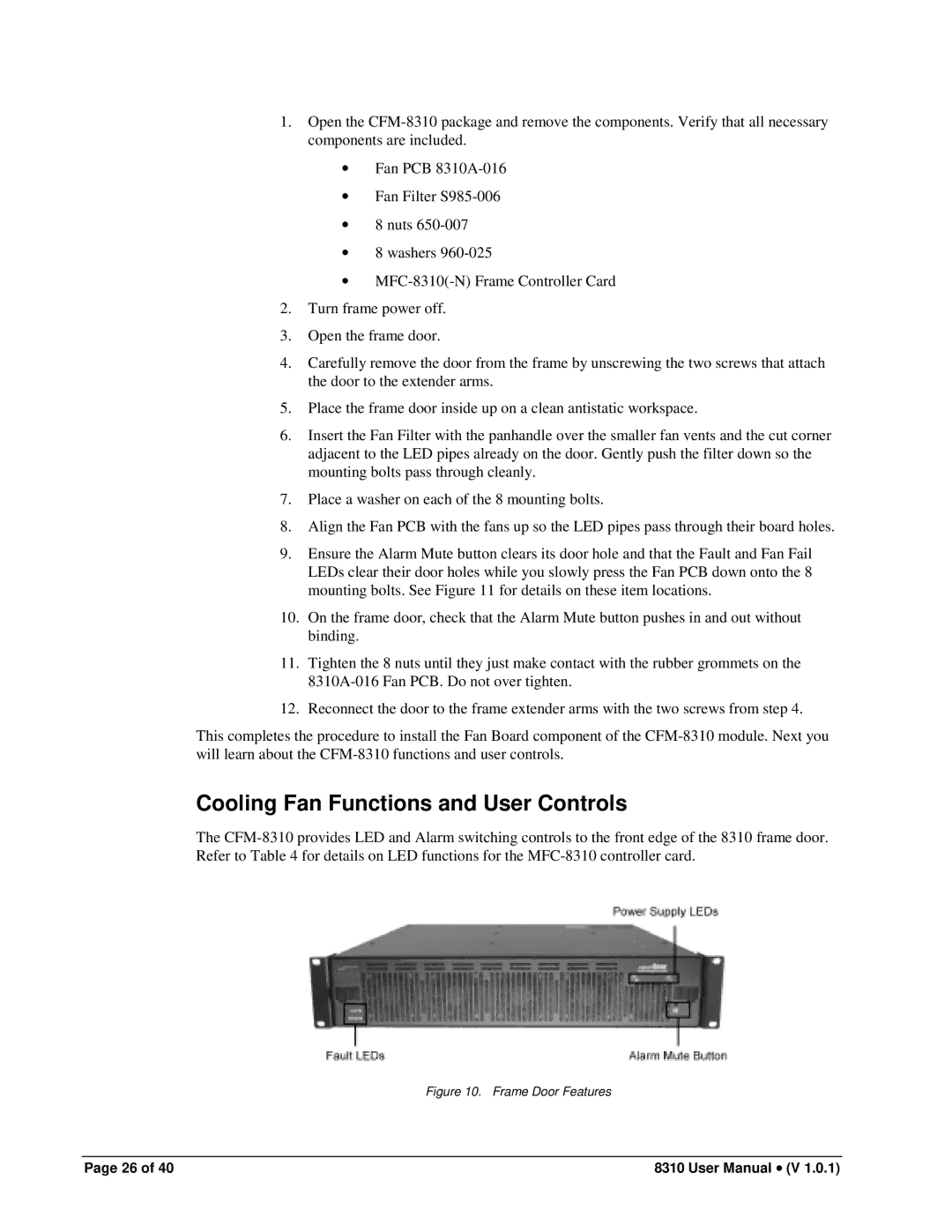 Cobalt Networks PS-8300 user manual Cooling Fan Functions and User Controls, Frame Door Features 