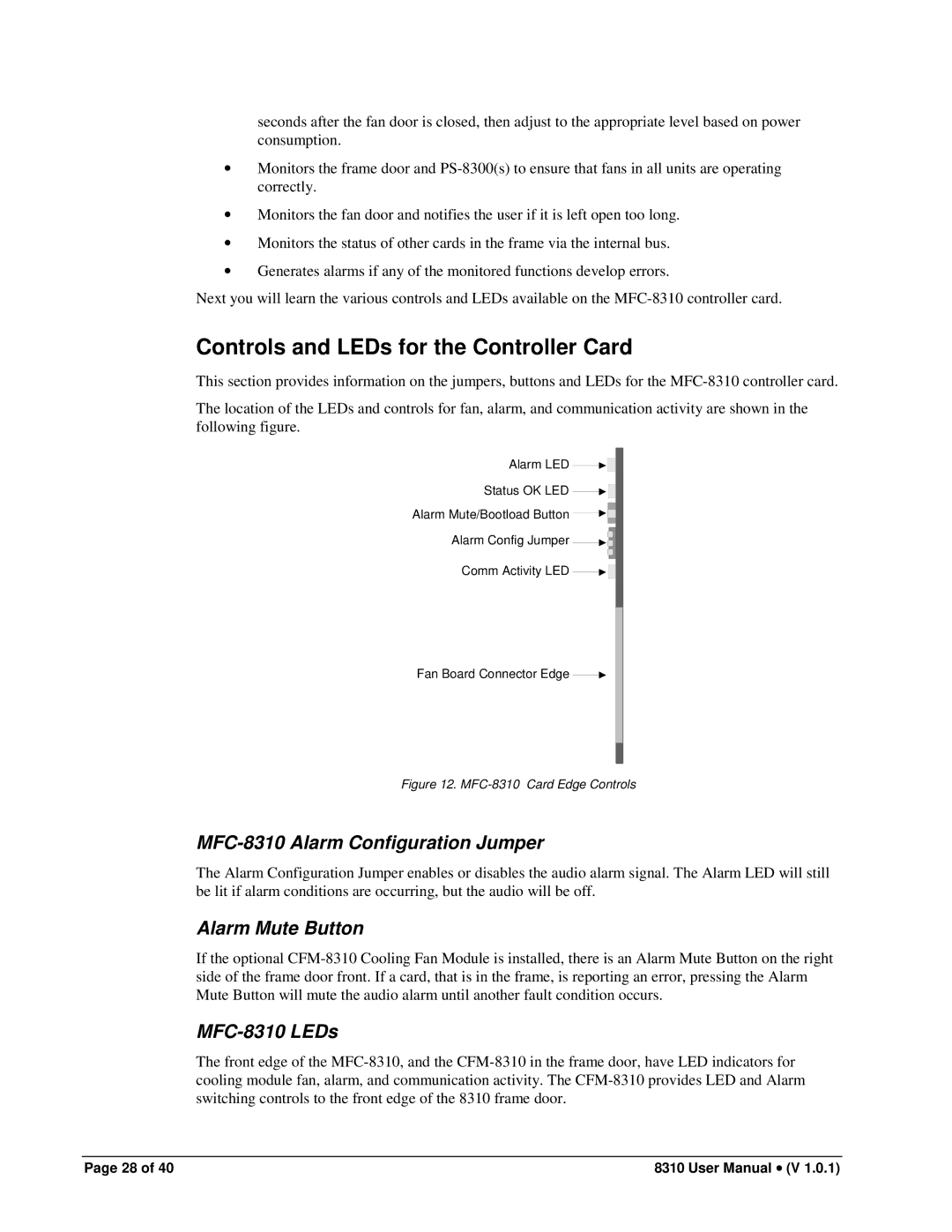 Cobalt Networks PS-8300 Controls and LEDs for the Controller Card, MFC-8310 Alarm Configuration Jumper, Alarm Mute Button 