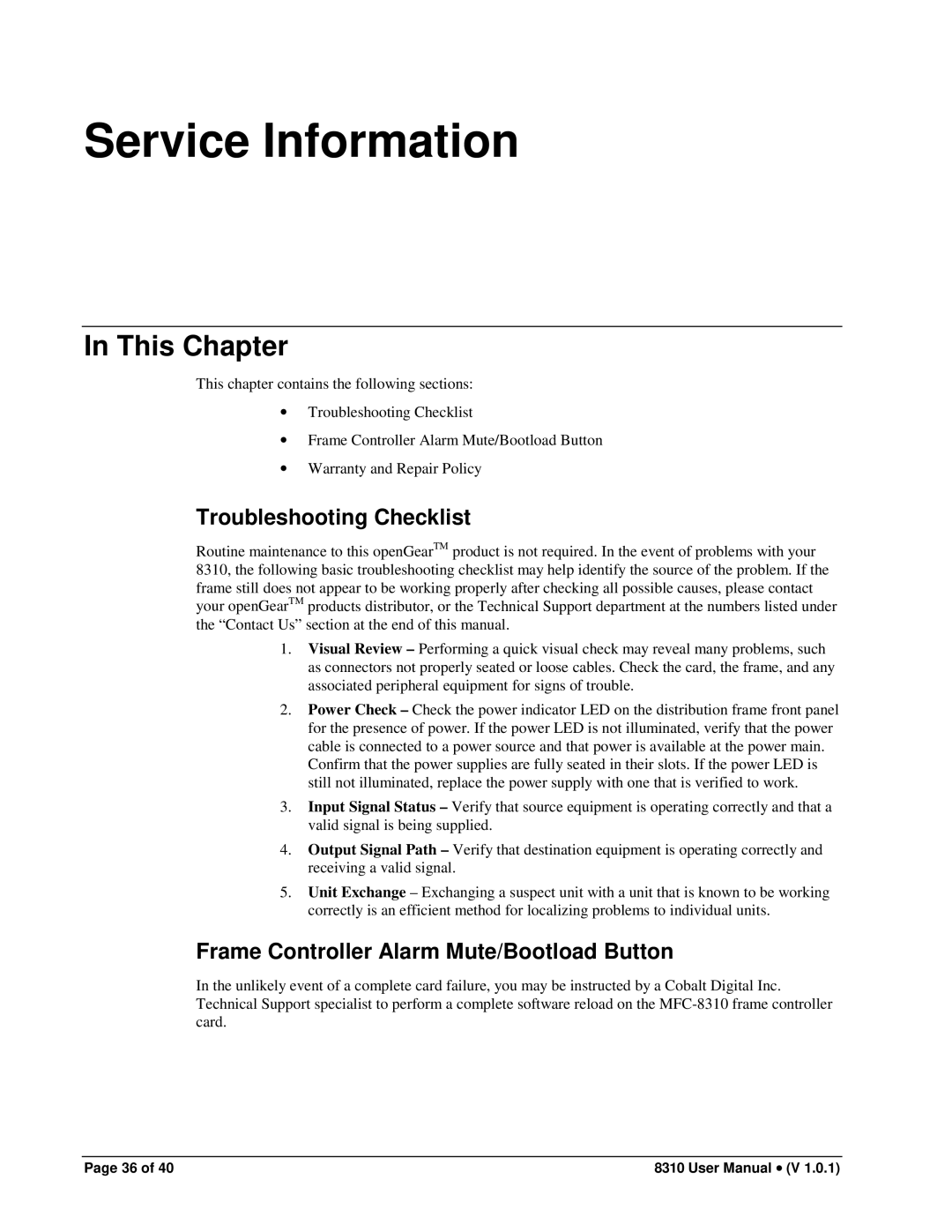 Cobalt Networks PS-8300 Service Information, Troubleshooting Checklist, Frame Controller Alarm Mute/Bootload Button 