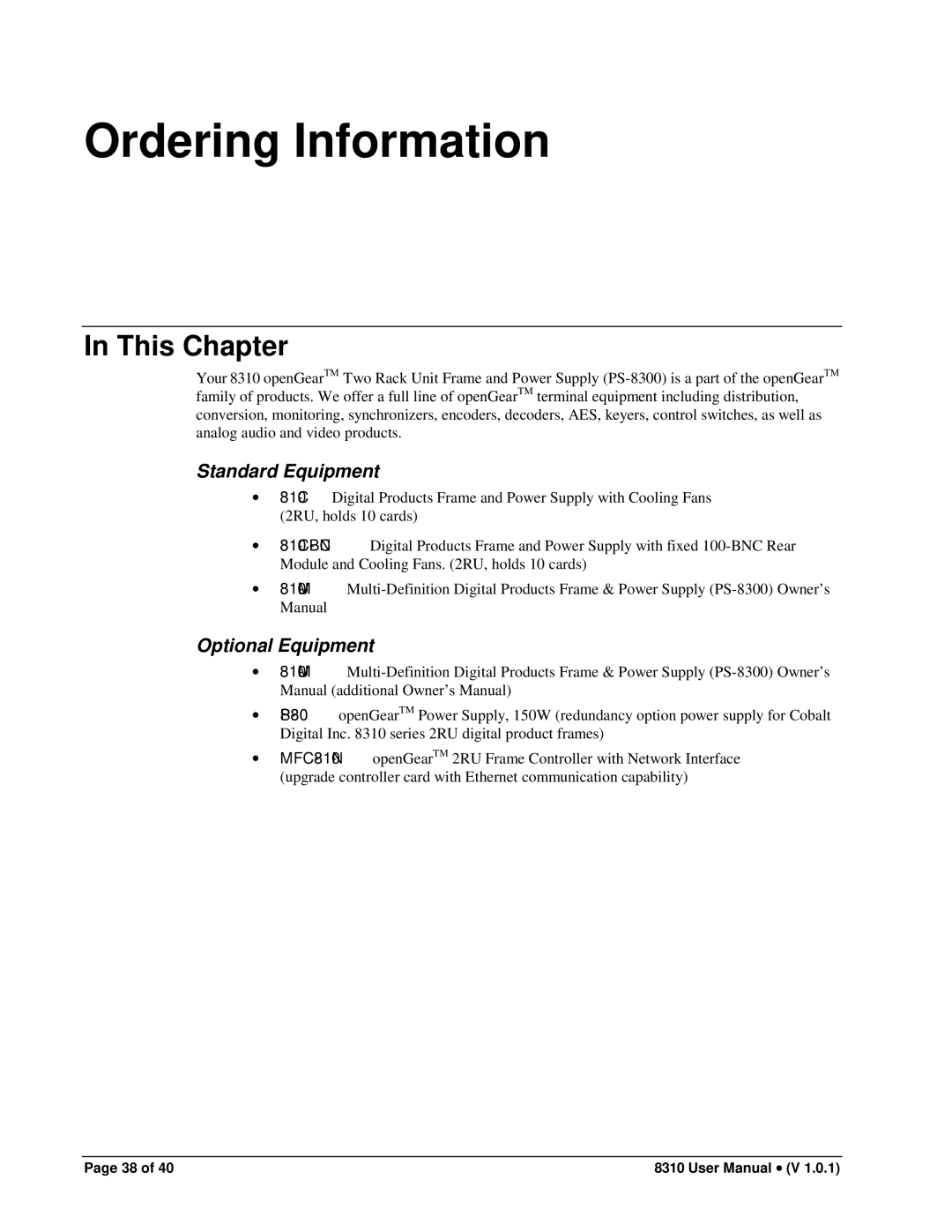 Cobalt Networks PS-8300 user manual Ordering Information, Standard Equipment, Optional Equipment 