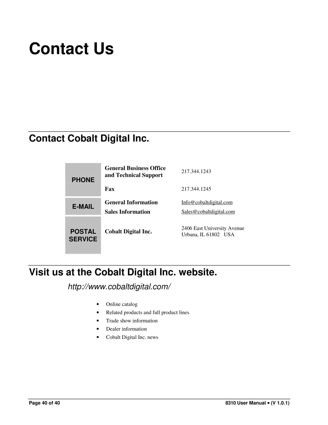 Cobalt Networks PS-8300 user manual Contact Us, Contact Cobalt Digital Inc, Visit us at the Cobalt Digital Inc. website 