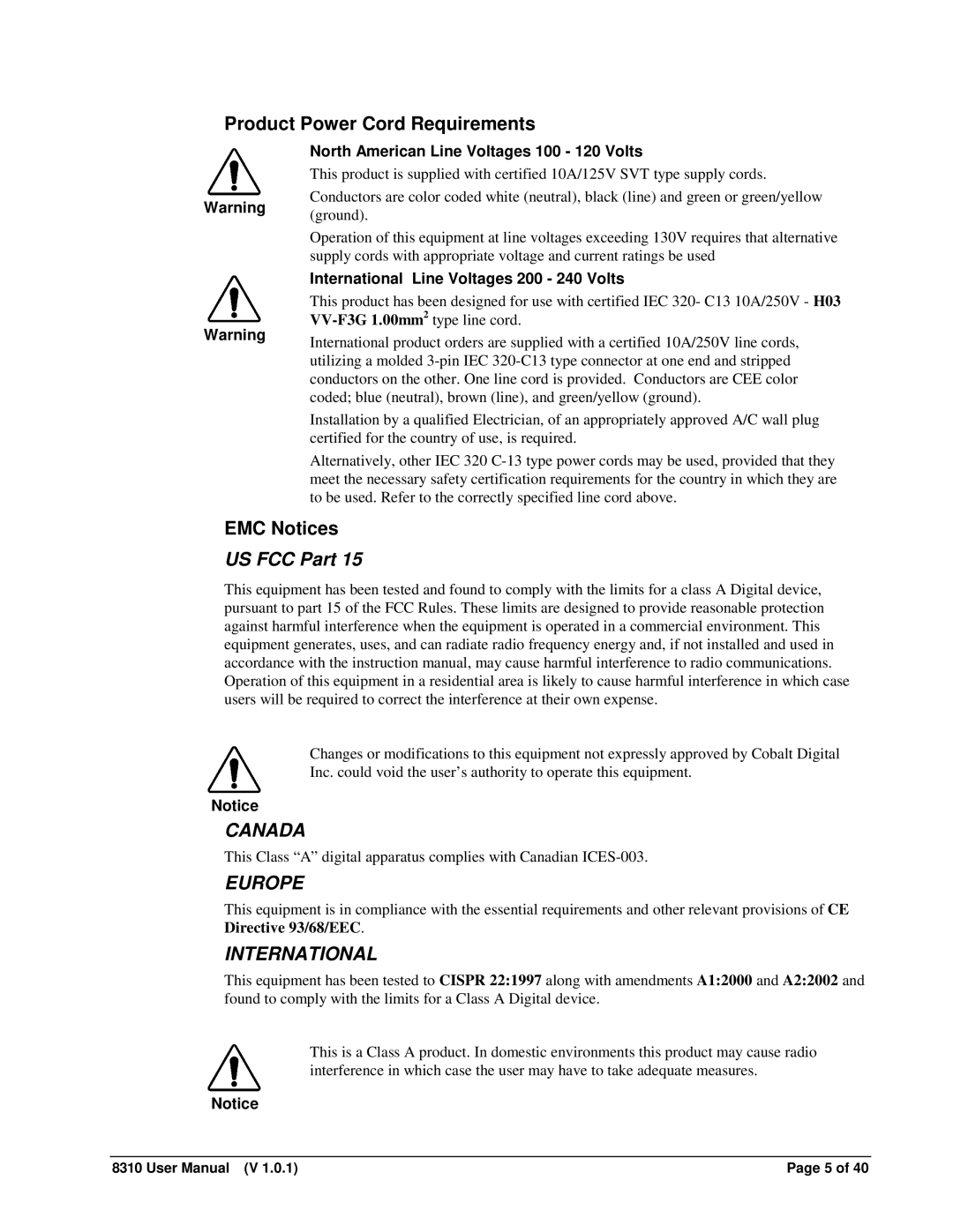 Cobalt Networks PS-8300 user manual Product Power Cord Requirements, EMC Notices, US FCC Part 