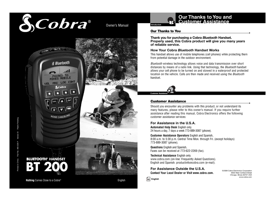 Cobra Digital BT 200 owner manual Our Thanks to You Customer Assistance, Customer Assistance For Assistance in the U.S.A 