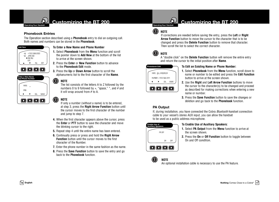 Cobra Digital BT 200 owner manual Customizing the BT, Phonebook Entries, PA Output 