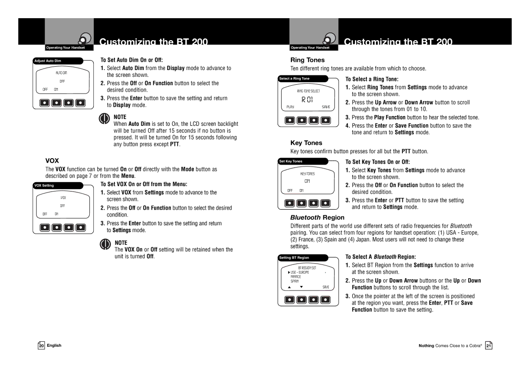 Cobra Digital BT 200 owner manual Ring Tones, Key Tones 