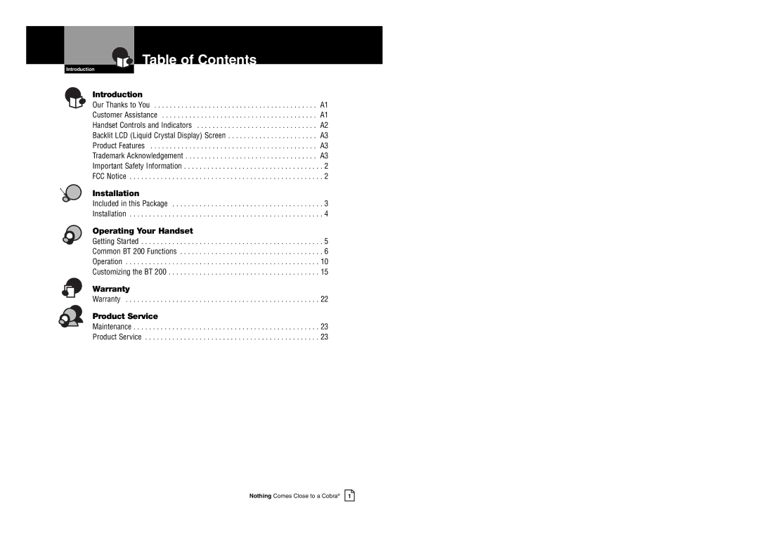 Cobra Digital BT 200 owner manual Table of Contents 