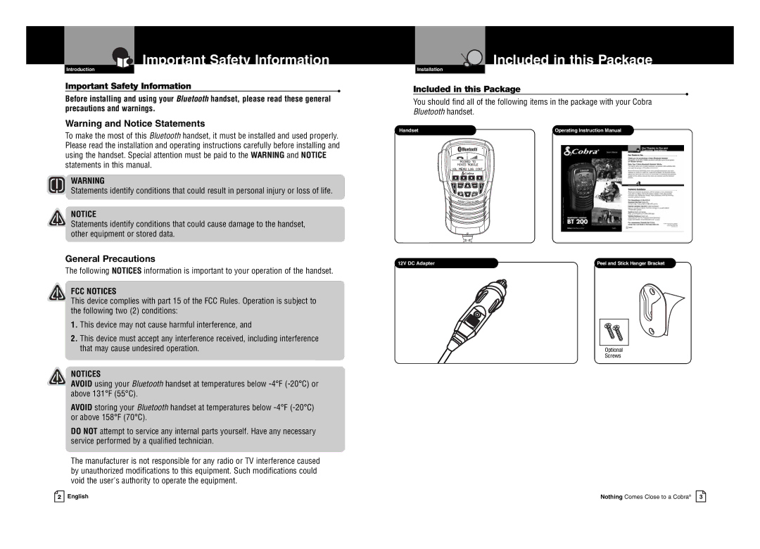 Cobra Digital BT 200 owner manual Important Safety Information, Included in this Package, General Precautions 