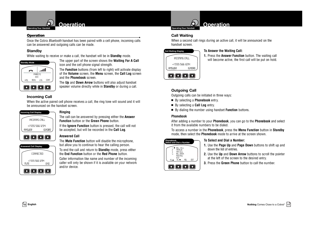 Cobra Digital BT 200 owner manual Operation, Call Waiting, Standby, Incoming Call, Outgoing Call 