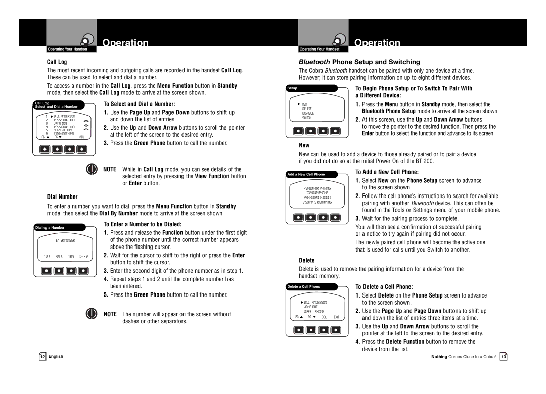 Cobra Digital BT 200 owner manual Bluetooth Phone Setup and Switching 