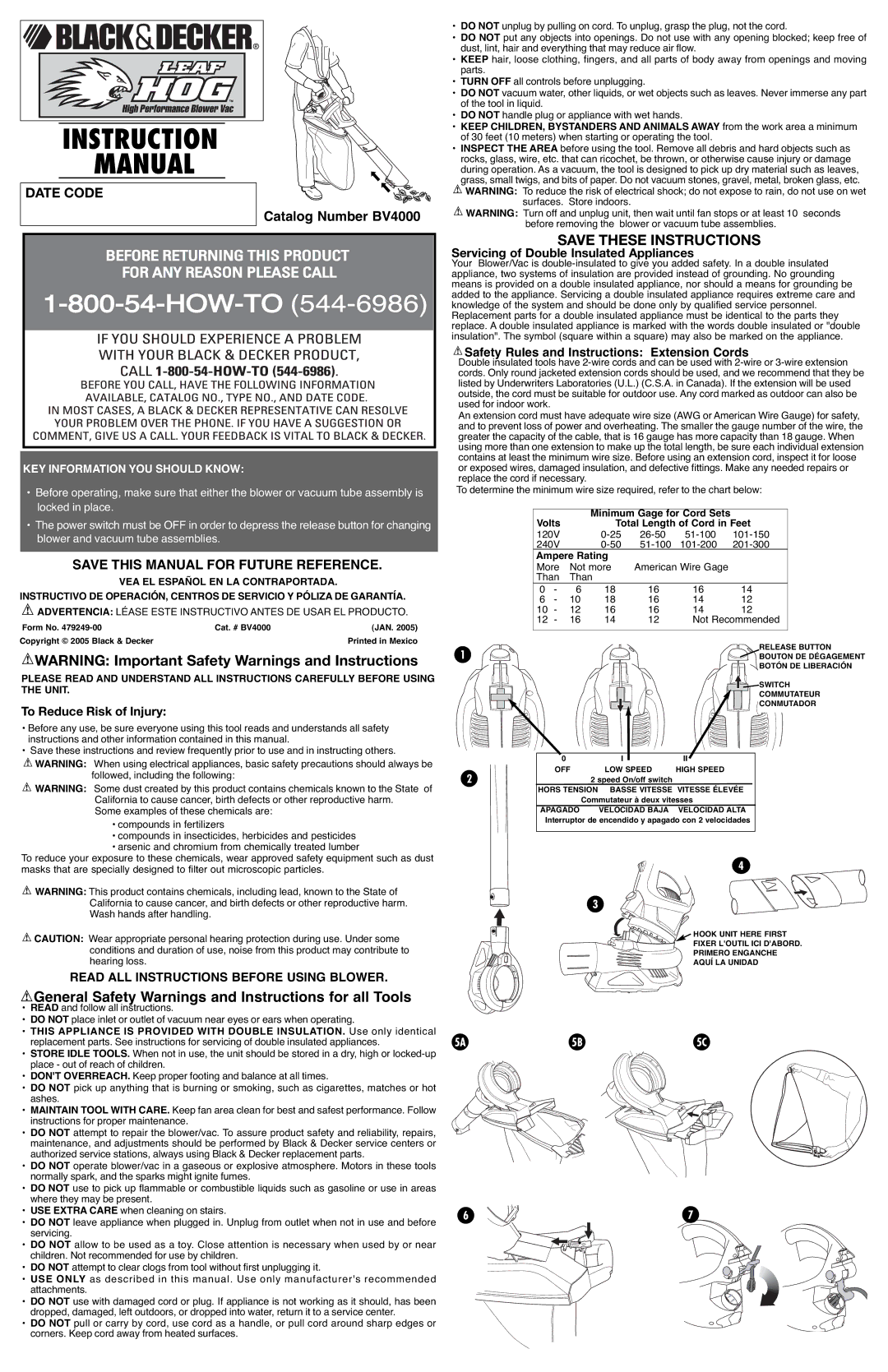 Cobra Digital BV4000 instruction manual To Reduce Risk of Injury, Servicing of Double Insulated Appliances 